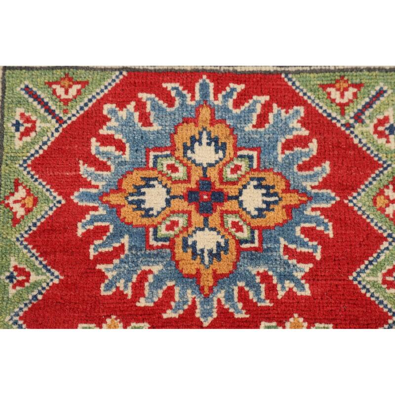 Kazak Foyer Rug Hand-Knotted Red Geometric Wool Carpet - 2'6" x 4'1"
