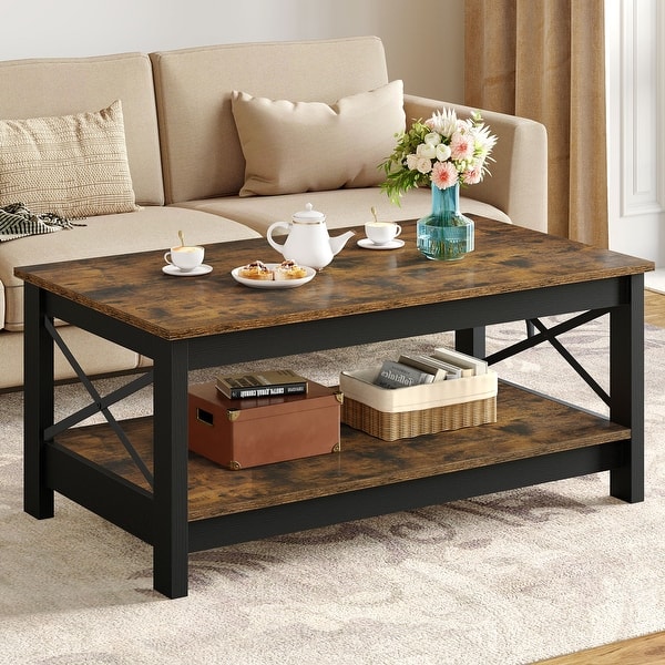 Moasis Farmhouse Coffee Table with Shelf, 2-Tier Center Table for Living Room - 22"X39" - Brown&Black