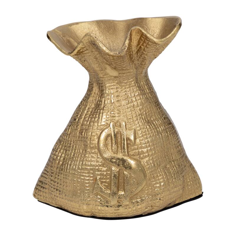 Modern Metal Money Bag Figurine Sculpture - 8", Gold & Metallic - 7.25"