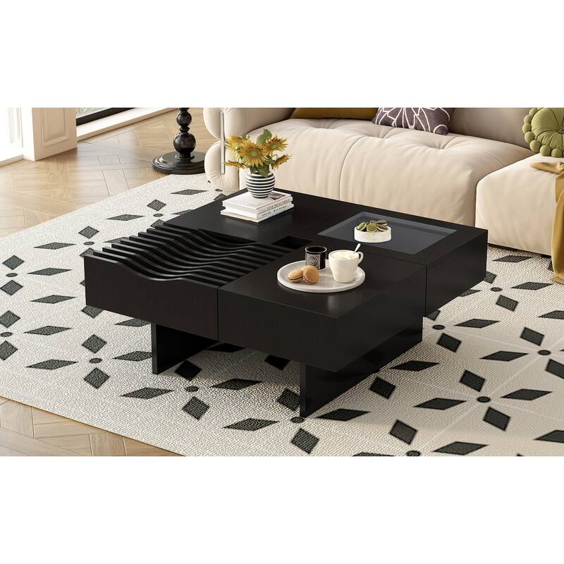 Mid-Century Modern Coffee Table Square Coffee Table with 3 Drawers and Tempered Glass Viewing Window, for Living Room