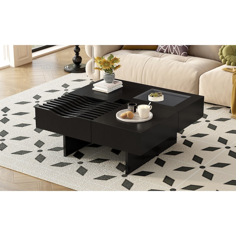 Roomfitters Square Mid-Century Coffee Table with Glass Top and 3 Storage Compartments, Solid Wood Legs