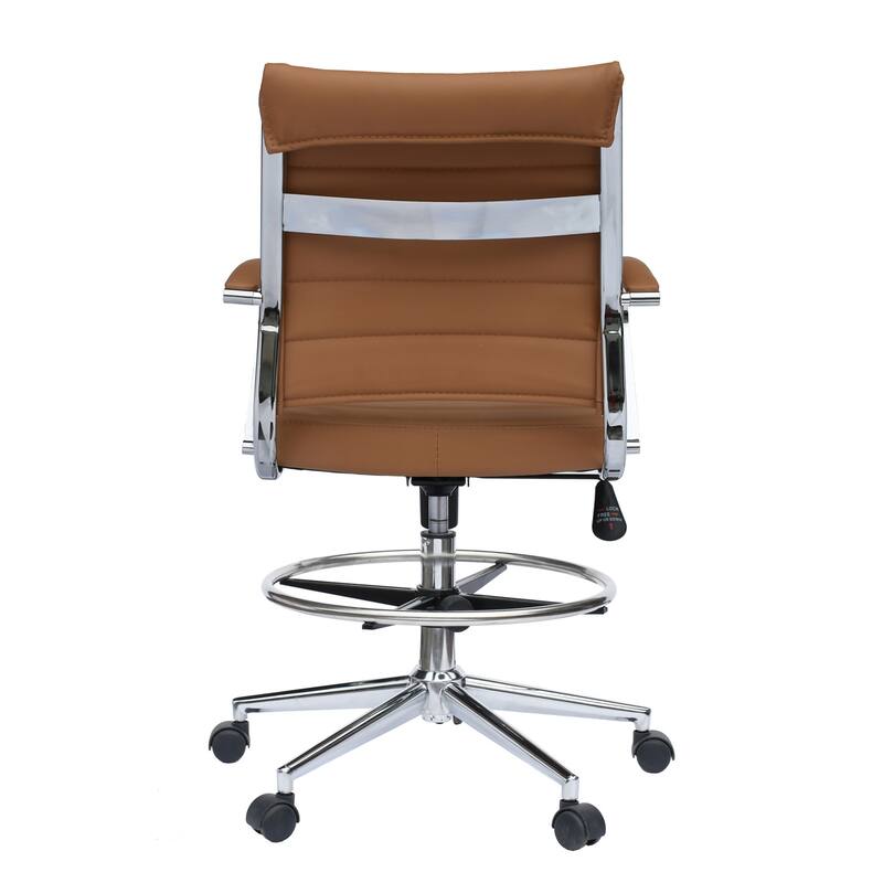 Swivel PU Leather Office Drafting Chair For Standing Table Mid-Back Ribbed Executive Ergonomic With Arms Wheels Task Computer