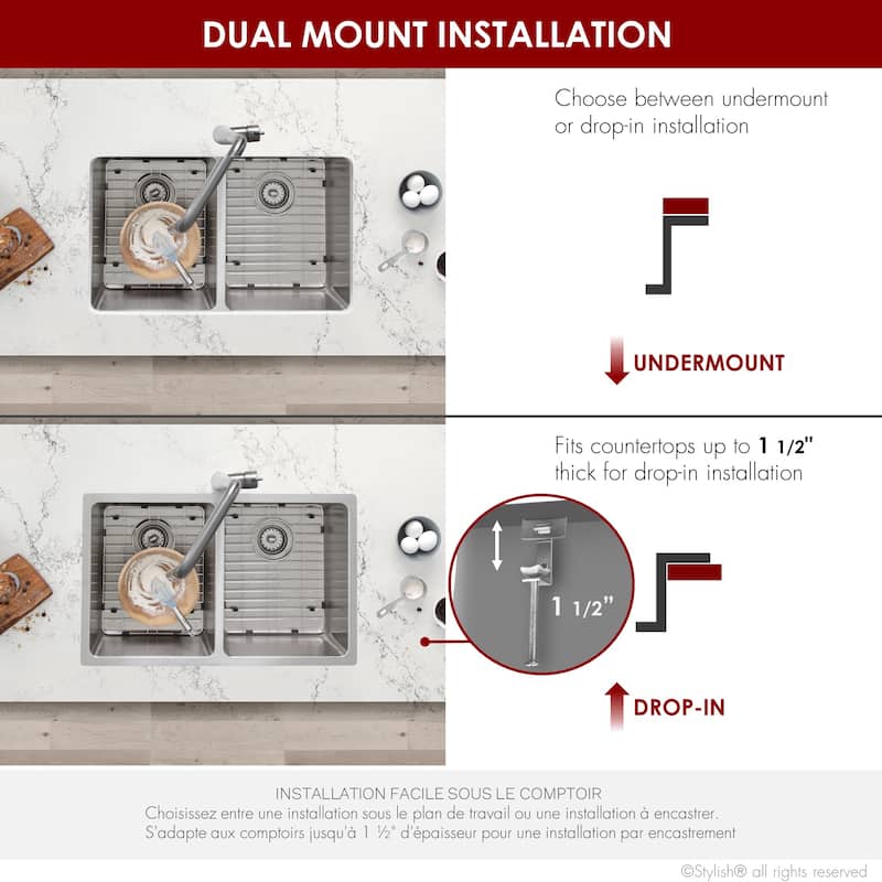 STYLISH Dual Mount 31" Double-Bowl Stainless Steel Kitchen Sink with Grids and Strainers S-401G - 31" x 18" x 9"