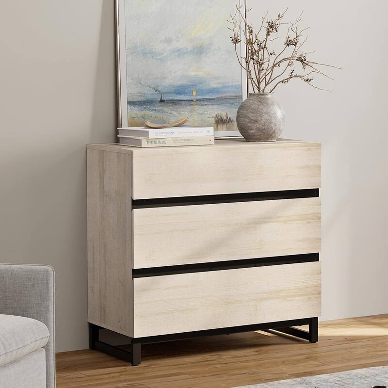 WAMPAT Nightstand with 3 Drawers for Bedroom, Modern Bedside Table with Black Square Iron Leg, Wood Rustic Side Table