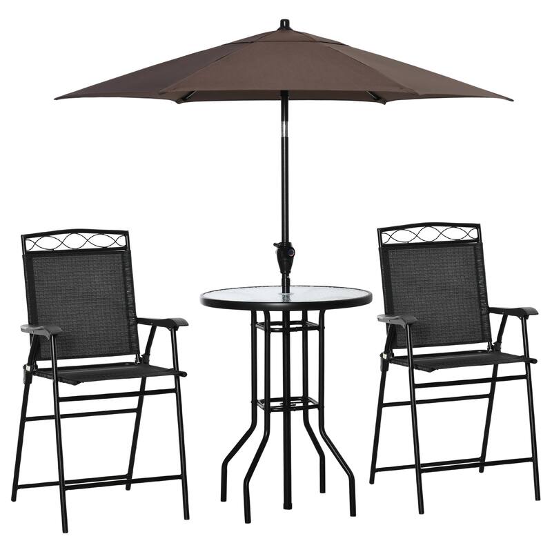 4 Piece Outdoor Patio Dining Furniture Set, 2 Folding Chairs, Adjustable Angle Umbrella, Wave Textured Tempered Glass Di