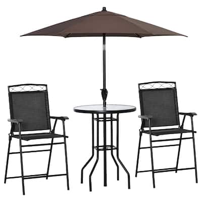 4 Piece Outdoor Patio Dining Furniture Set, 2 Folding Chairs, Adjustable Angle Umbrella, Wave Textured Tempered Glass Di