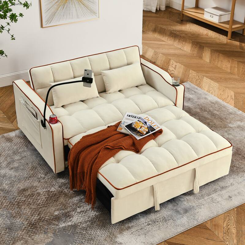 55.51 inch versatile foldable sofa bed, adjustable back, USB port, swivel phone stand (Beige)