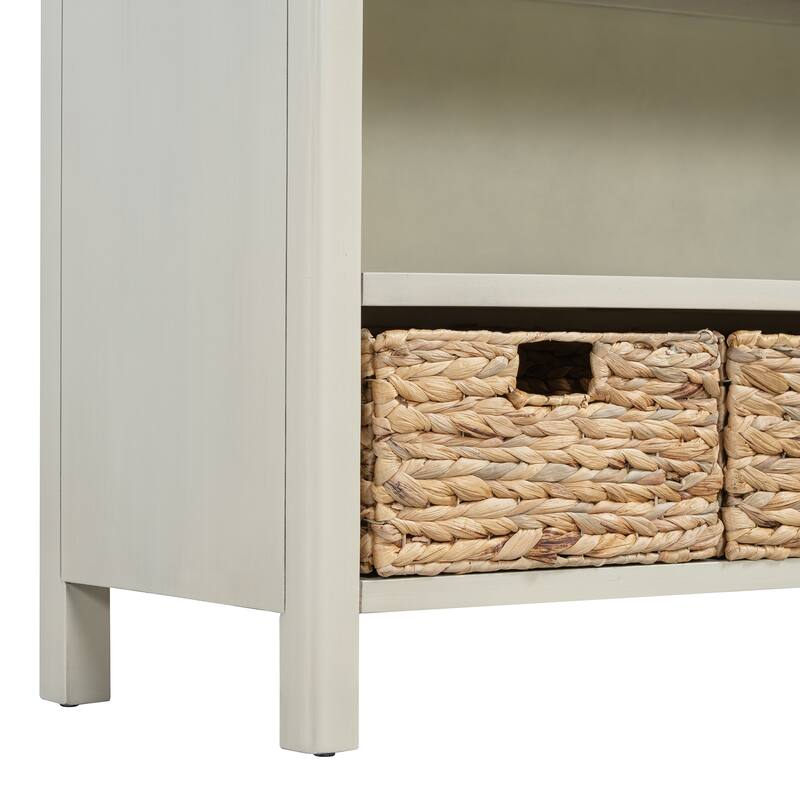 Console Table with 3 Storage Drawers, Entryway Table with 3 Water Hyacinth Woven Baskets, Sofa Table with Wooden Top