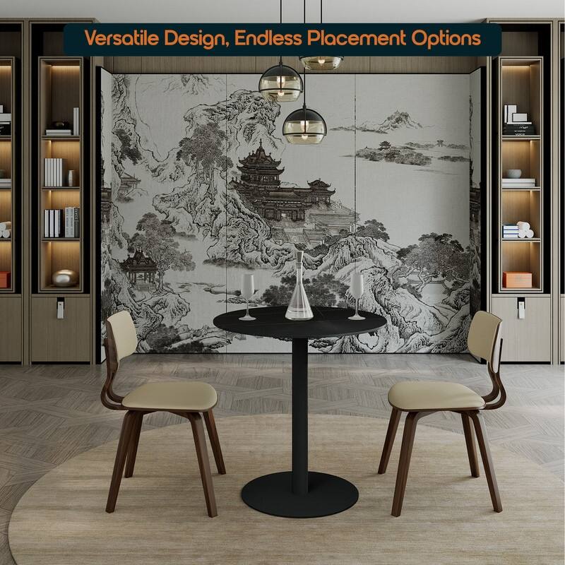 Vail Round Dining Table 27 in. Sintered Stone Tabletop in Black Stainless Steel Round Pedestal Base for Kitchen and Dining Room