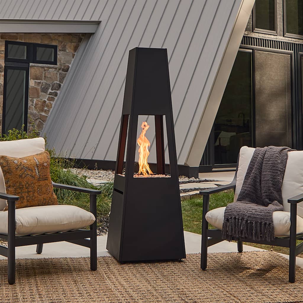 Ferro 70" Metal Chiminea Fire Pit with Hidden Propane Tank in Black by Real Flame