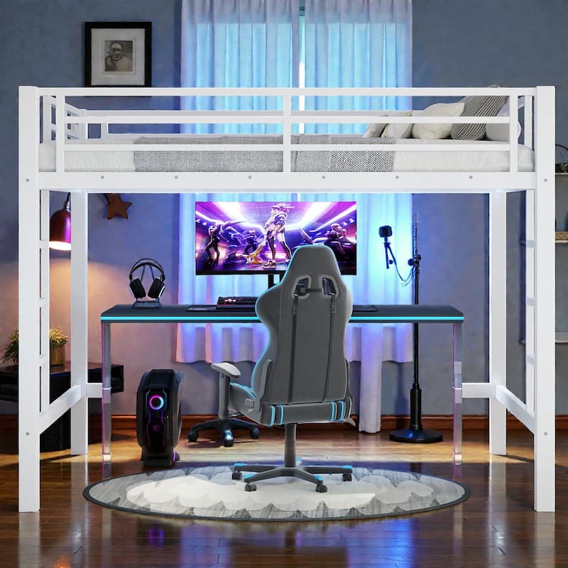 Metal Loft Bed with Dual Ladders and Guardrails, Space Saving Loft Bed for Dorm or Bedroom