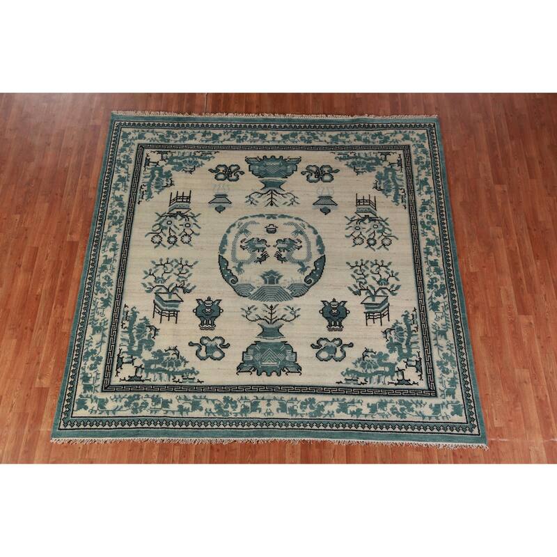 Hand Knotted Oriental 100% Wool Carpet Traditional Geometric Beige & Ivories Art Deco Area Rug - 7' 10'' X 7' 11''