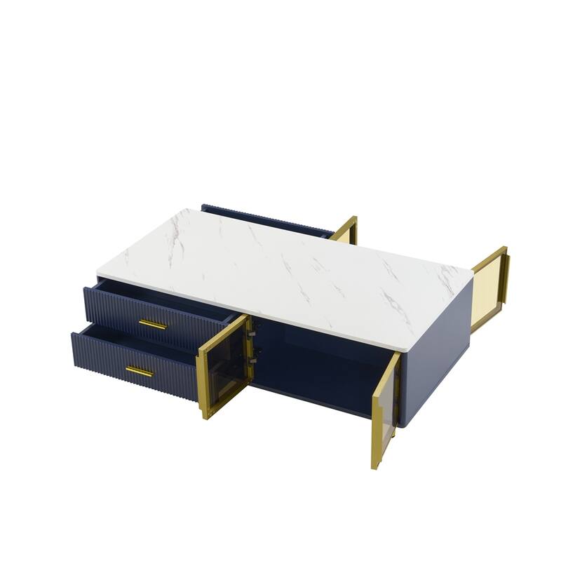 Coffee Table with 2 Glass Door, 4 Drawers and Gold Metal Legs