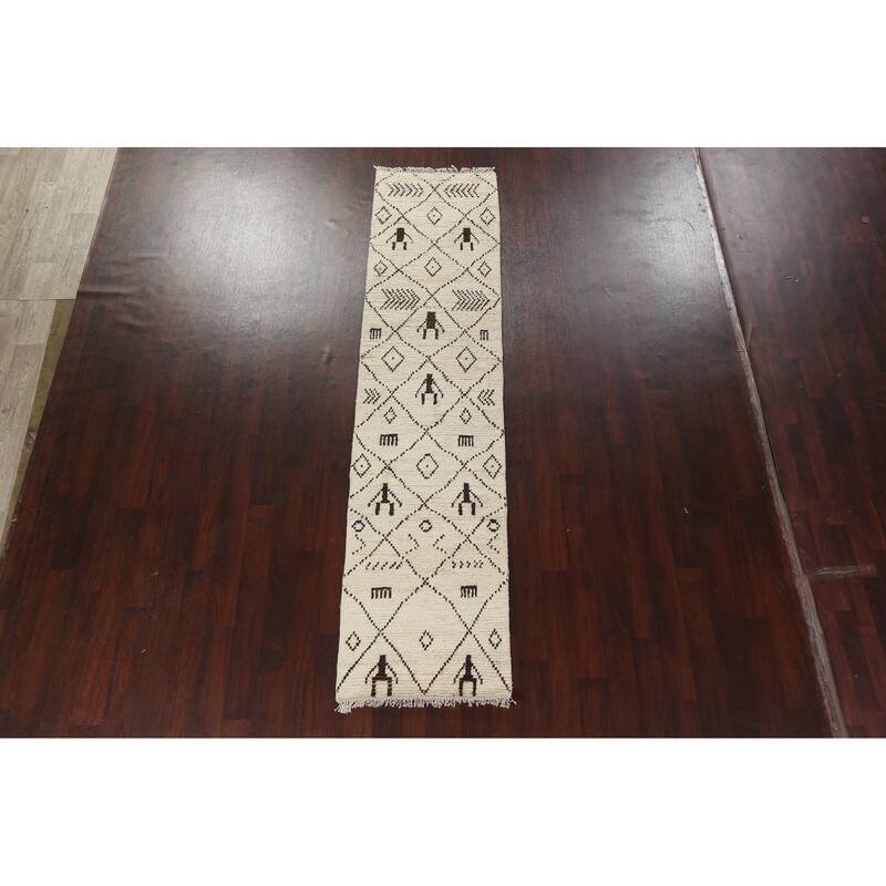 Trellis Tribal Moroccan Oriental Runner Rug Hand-knotted Wool Carpet - 2'6" x 10'8"