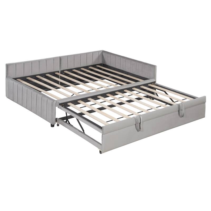 Full Size Daybed with Pull-Out Lift-Up Trundle, Upholstered Daybed Platform Bed with Stripes L-Shaped Backrest and Wood Slats