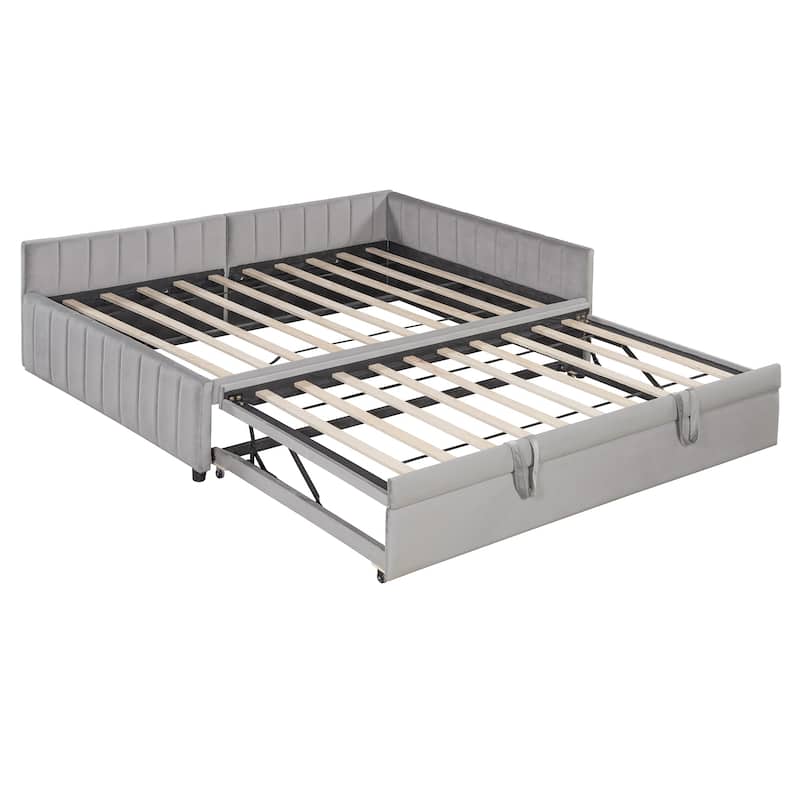 L-Shaped Upholstered Daybed with Pop-up Trundle, Extendable Platform Bed Frame with Wooden Slats Support, Full to King Design