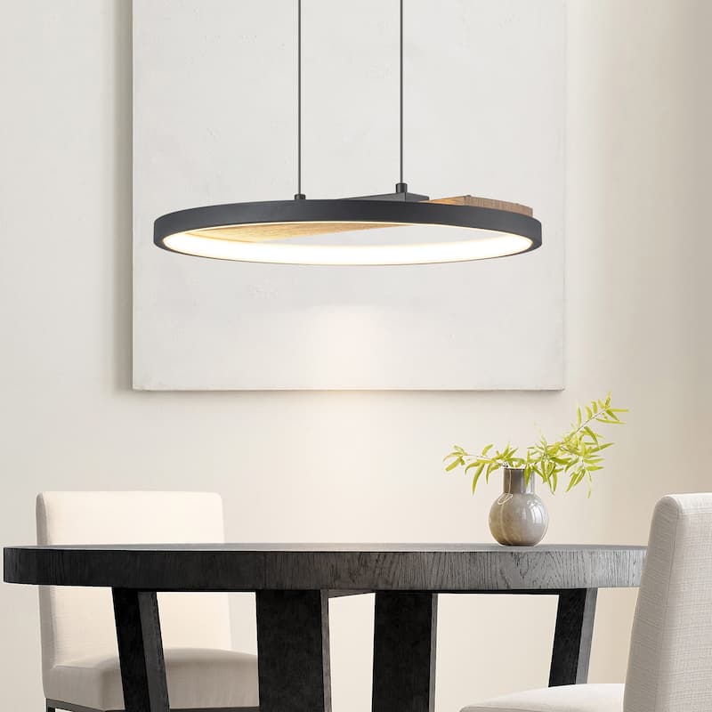 1-Light Modern Black Round Wheel Wood Integrated LED Pendant Light for Dining Room - 15.7 in. W x 81.1 in. H