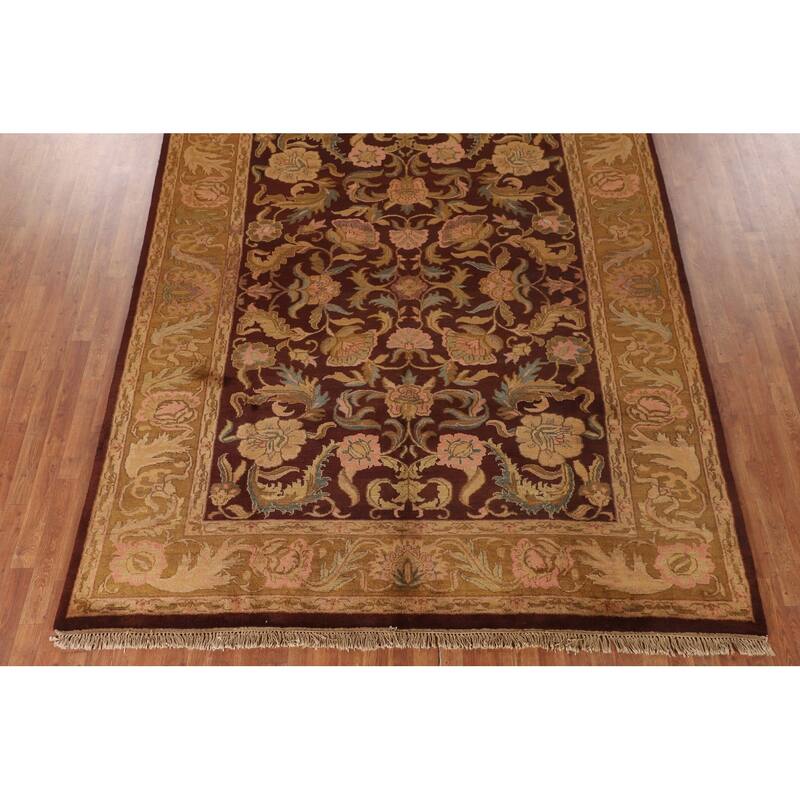Burgundy Floral Agra Indian Area Rug Handmade Wool Carpet - 7'11"x 9'11"