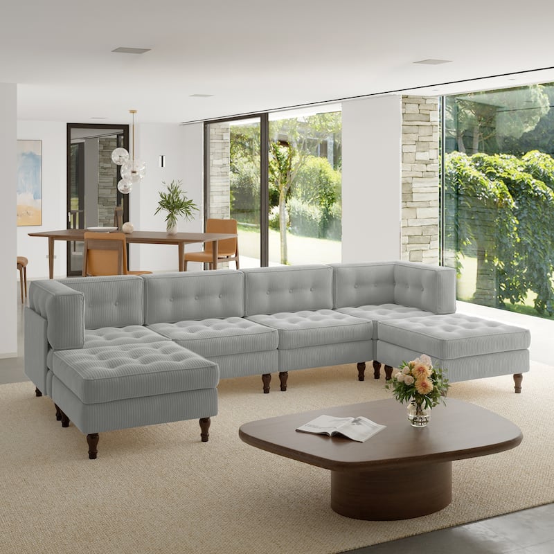 Oversized Modular Sectional Corduroy Fabric Tufted Sofa - Light Grey-6 peice - Symmetrical