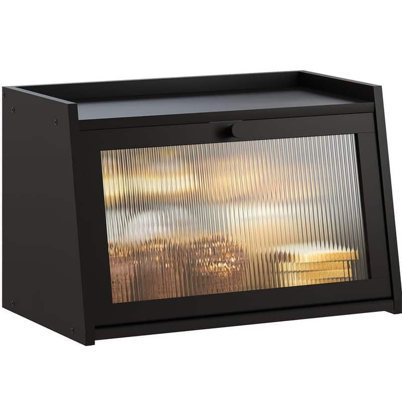 Large bread box for kitchen countertop, rustic-style bread container, bread storage box with window - Black