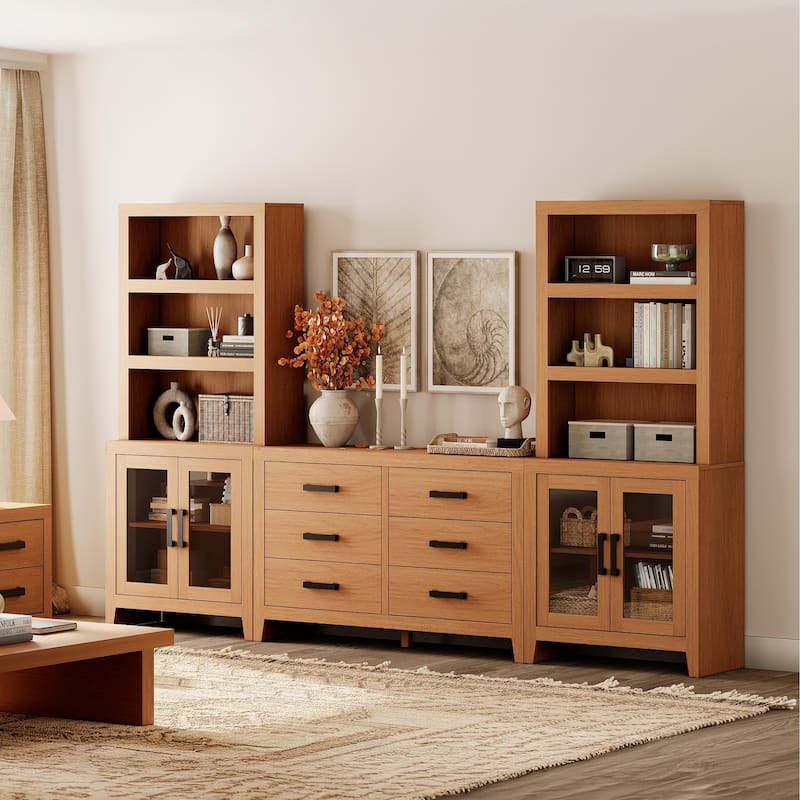 WAMPAT Farmhouse Entertainment Center with Bookshelves, Media Console with Glass Doors & 6 Storage Drawers
