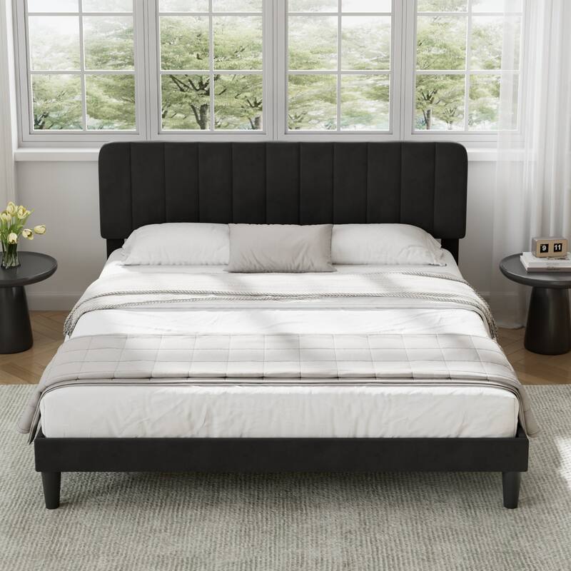 Javlergo King Size Bed Frame with Adjustable Headboard Platform Bed with Wood Slats Heavy Duty Mattress Foundation - Black