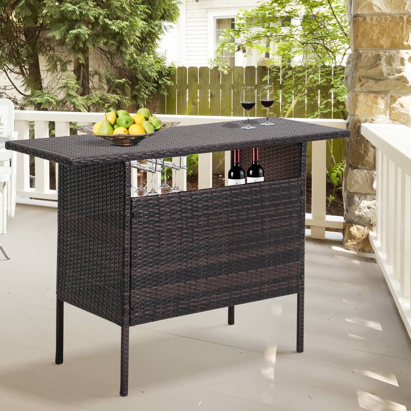 Outdoor Wicker Bar Patio Rattan Counter Table with 2 Steel Shelves