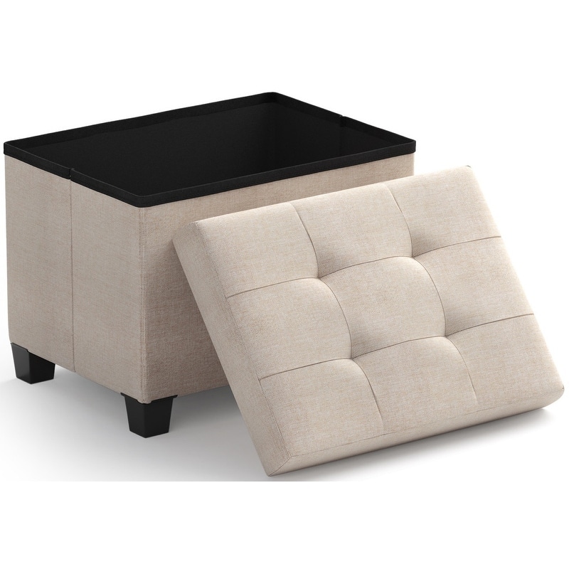 Ornavo Home Collapsible Rectangle Small Storage Ottoman with Legs - 12" x 16" x 12" - Beige