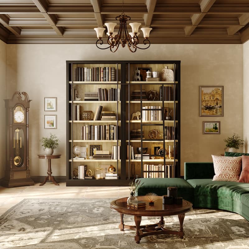 Large Ladder Bookshelf with Adjustable Rolling Ladder, Tall Library Bookcase Storage Display Unit