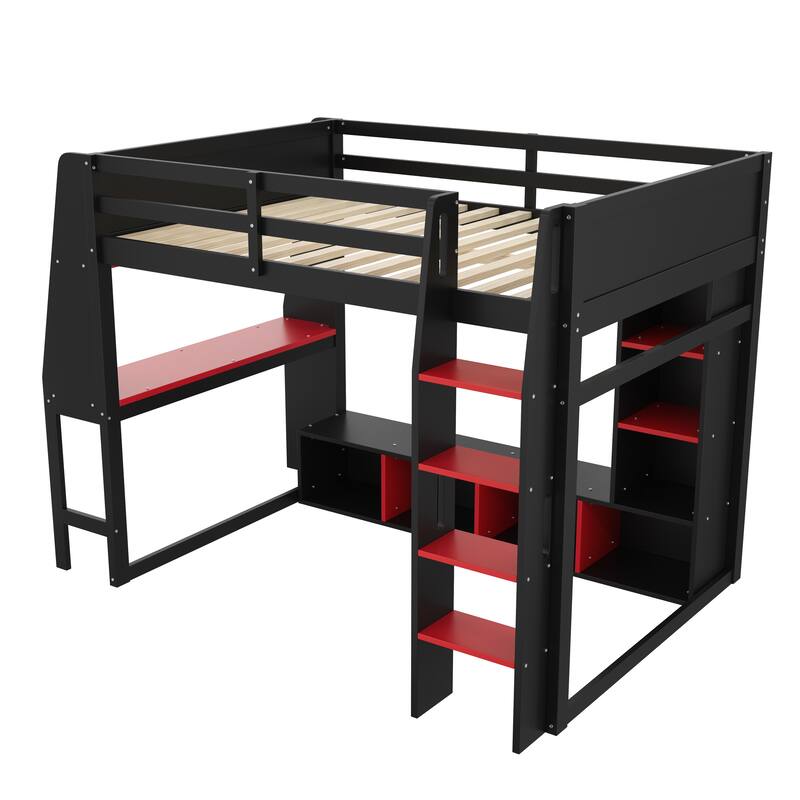 Wood Full Size Gaming Loft Bed with Desk, Cabines Shelves, LED and Clothes Rack, Black