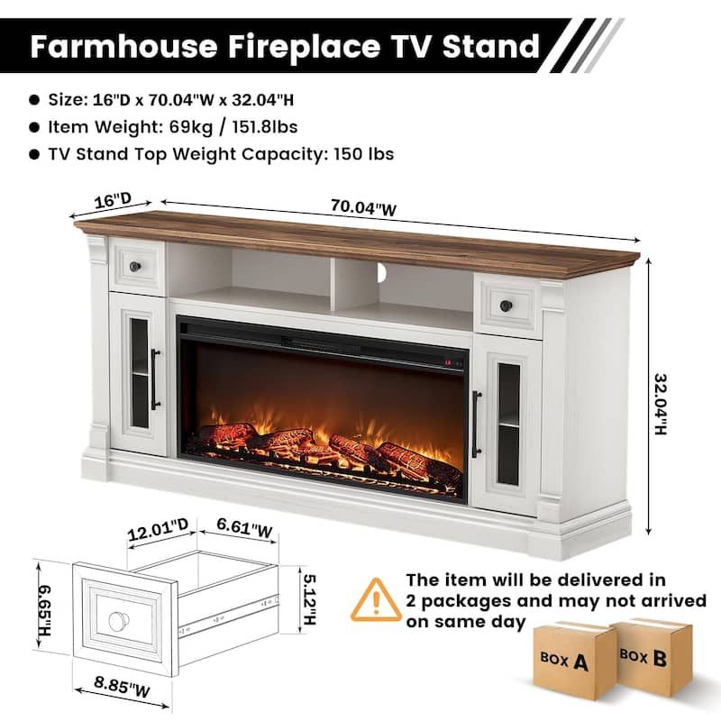 Fireplace TV Stand for 80" TV, Entertainment Center with LED Lights