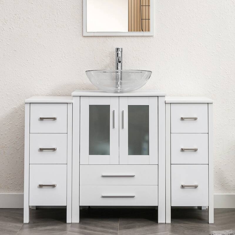 48" Bathroom Vanity Set Vessel Sink Faucet W/ Small Cabinet Combo - clear round sink - White