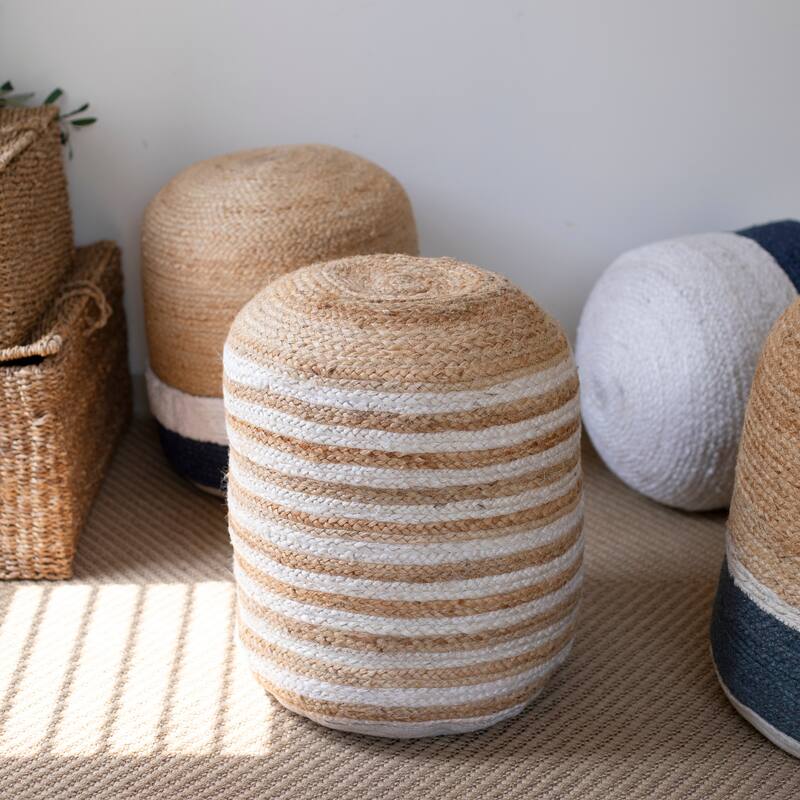 Sevita Natural/Navy Nautical Coastal Striped Hand-Made Pouf