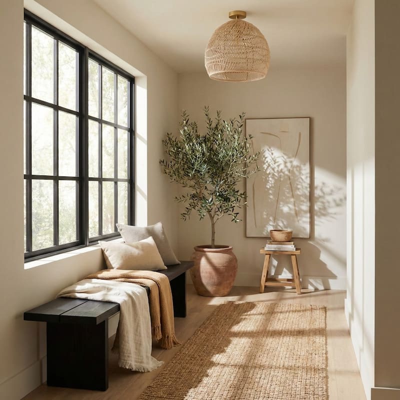 Santana Rattan Flush Mount - Rattan Brown 1-Light Handwoven Ceiling Light for Bedroom or Hallway in Modern, Mid-Century Style