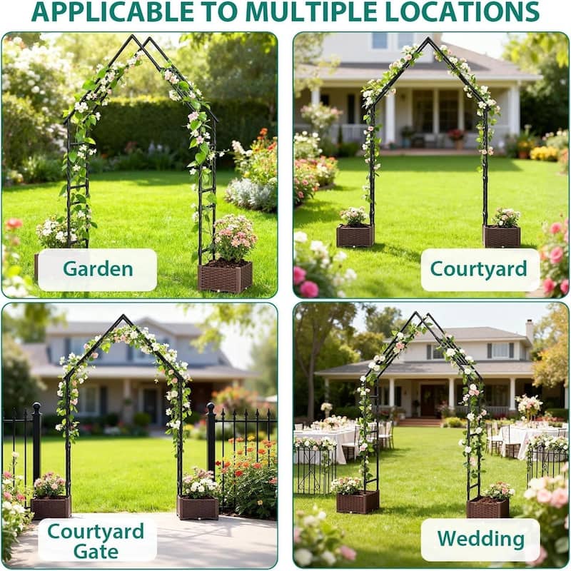 94-inch Outdoor Garden Arch Trellis with 2 Planter Boxes - Metal Arbor for Climbing Plants Wedding Decor and Backyard