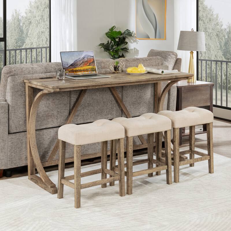 GDFStudio - Alderon 4-Piece Industrial Bar Height Table Set with Built-In Power Outlet & 3 Upholstered Stools - Brown