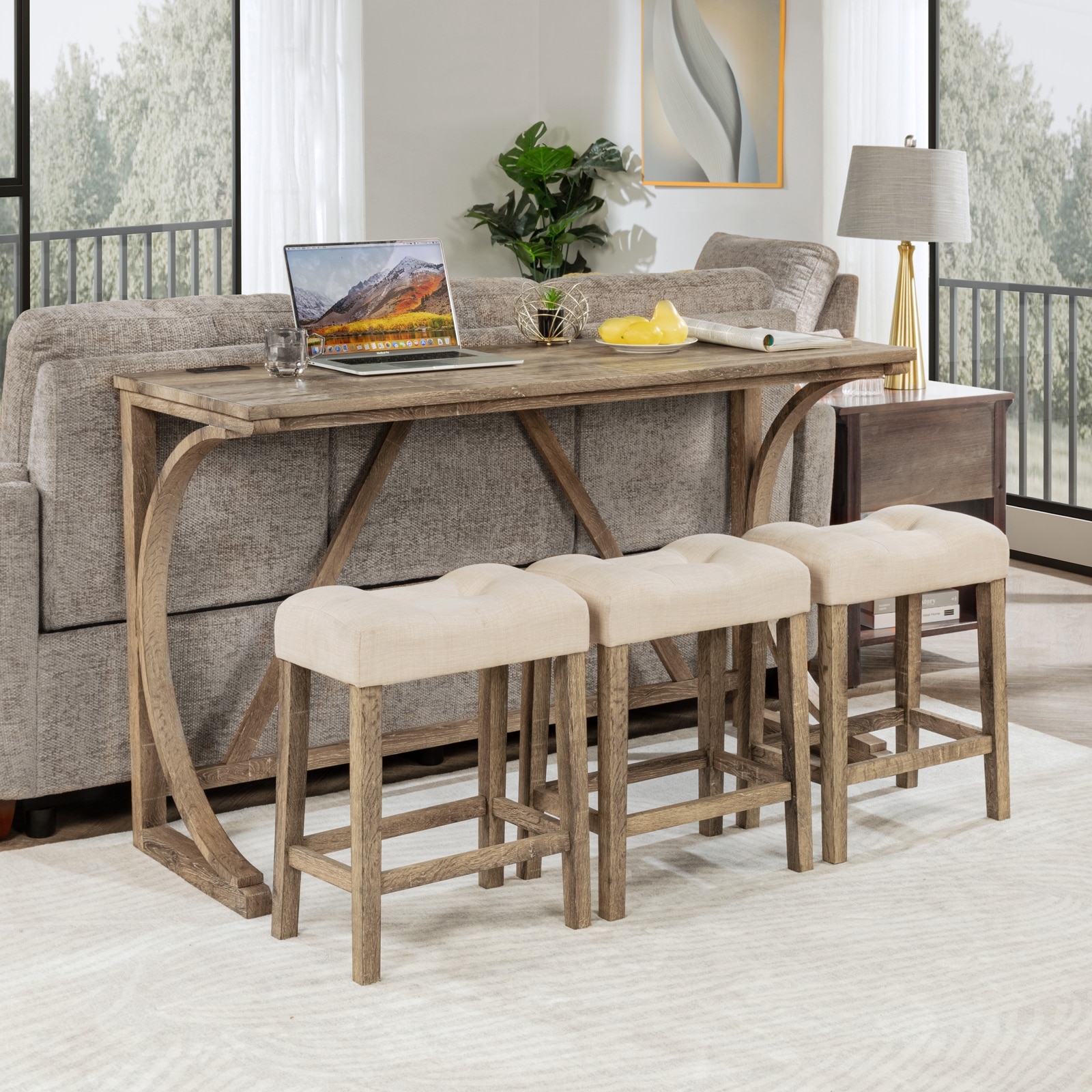 GDFStudio - Alderon 4-Piece Industrial Bar Height Table Set with Built-In Power Outlet & 3 Upholstered Stools