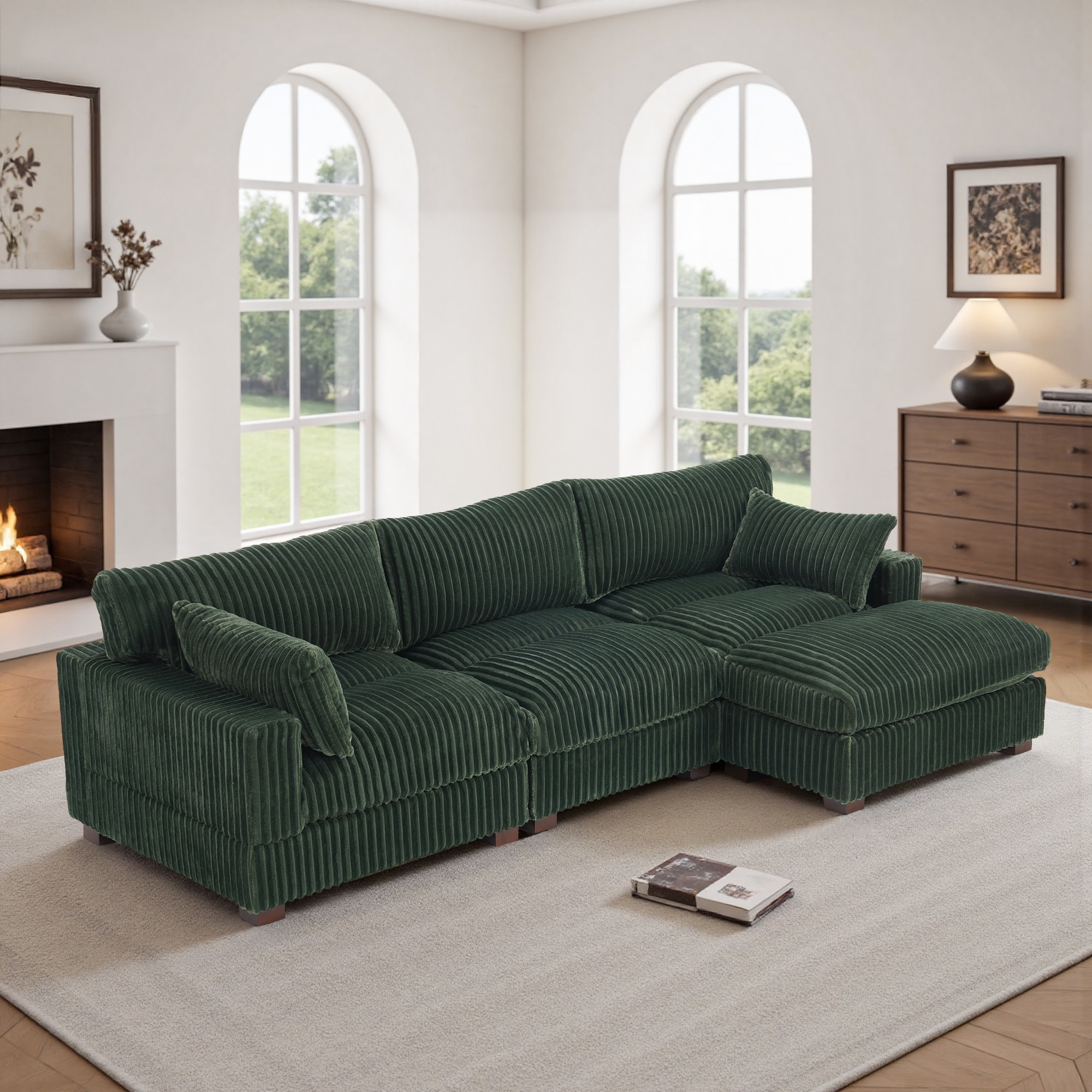 Plush Corduroy Upholstered Modular Sectional Sofa with Pillows