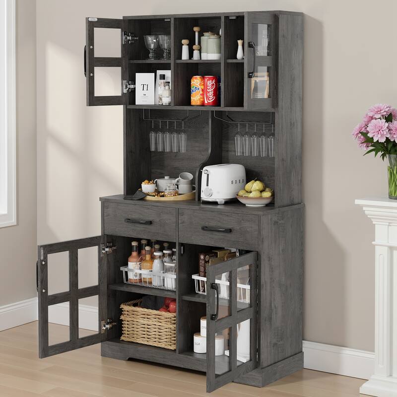 Pocassy Kitchen Pantry Cabinet with Power Outlet for Dinning Room