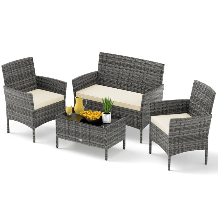 4 Piece Outdoor Rattan Patio Set with Cushions and Glass Table - 39.5" x 22.5" x 32"