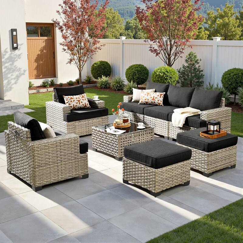 OVIOS 8 Pieces T shaped Seat Wide Armrest Set With Solar-Powered Coffee Table - Black