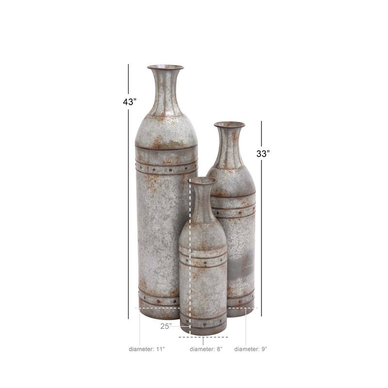 Gray Metal Handmade Tall Galvanized Floor Decorative Vase with Studs (Set of 3)