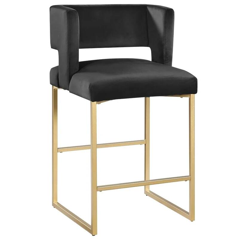 27 Inch Counter Stool Set of 2 with Soft Padded Black Velvet Upholstery, Gold Metal Legs, Kitchen Side Stool