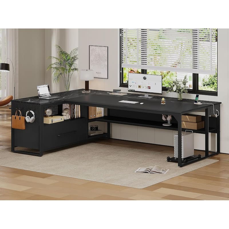 Executive Desk L Shaped Desk File Drawers Power Outlets Computer Desk