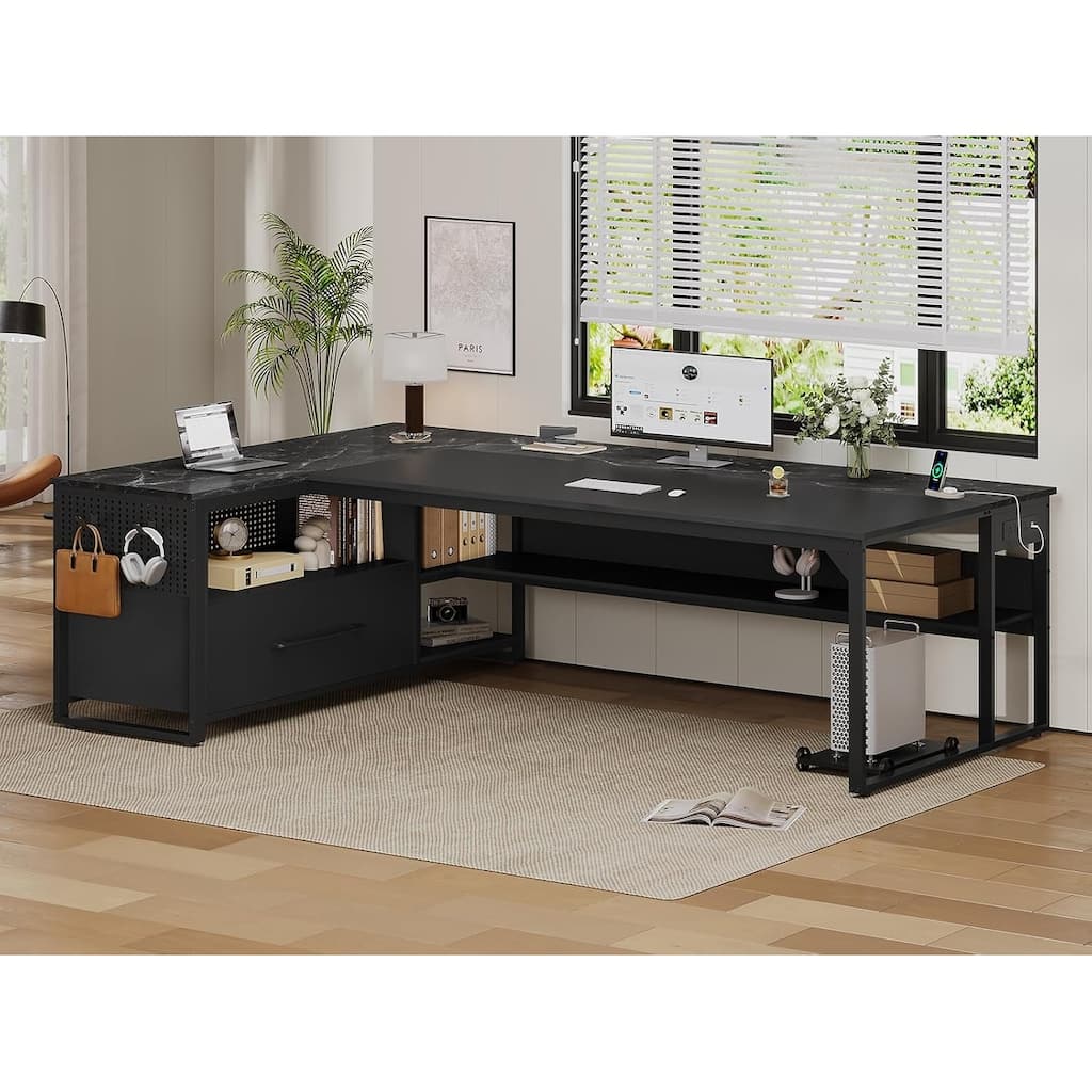 Executive Desk L Shaped Desk File Drawers Power Outlets Computer Desk
