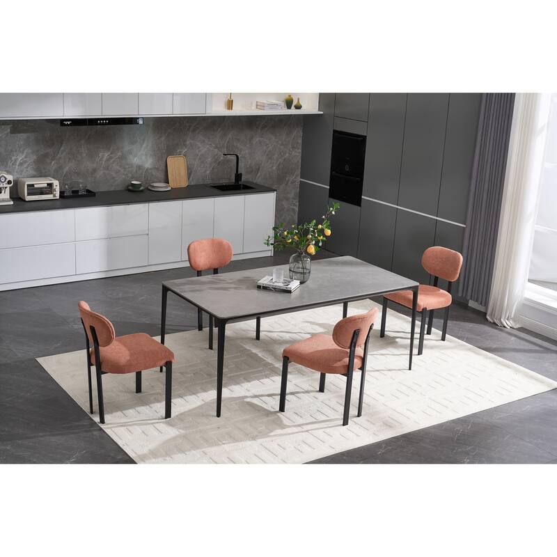 Modern Dining Room Chairs, Mid-Century Upholstered Boucle Kitchen Dining Chairs with Black Metal Legs