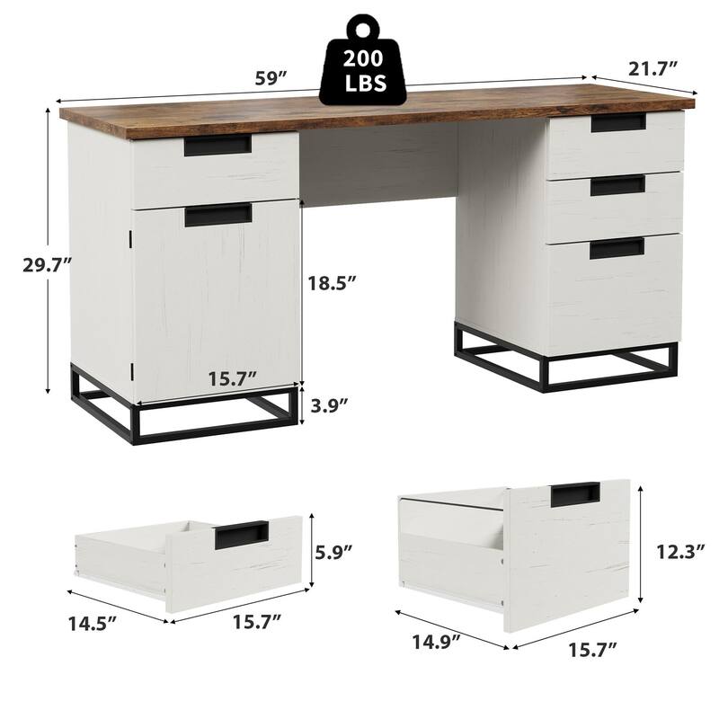 59" Farmhouse Executive Desk, Home Office Desk with File Drawer and Storage Cabinet