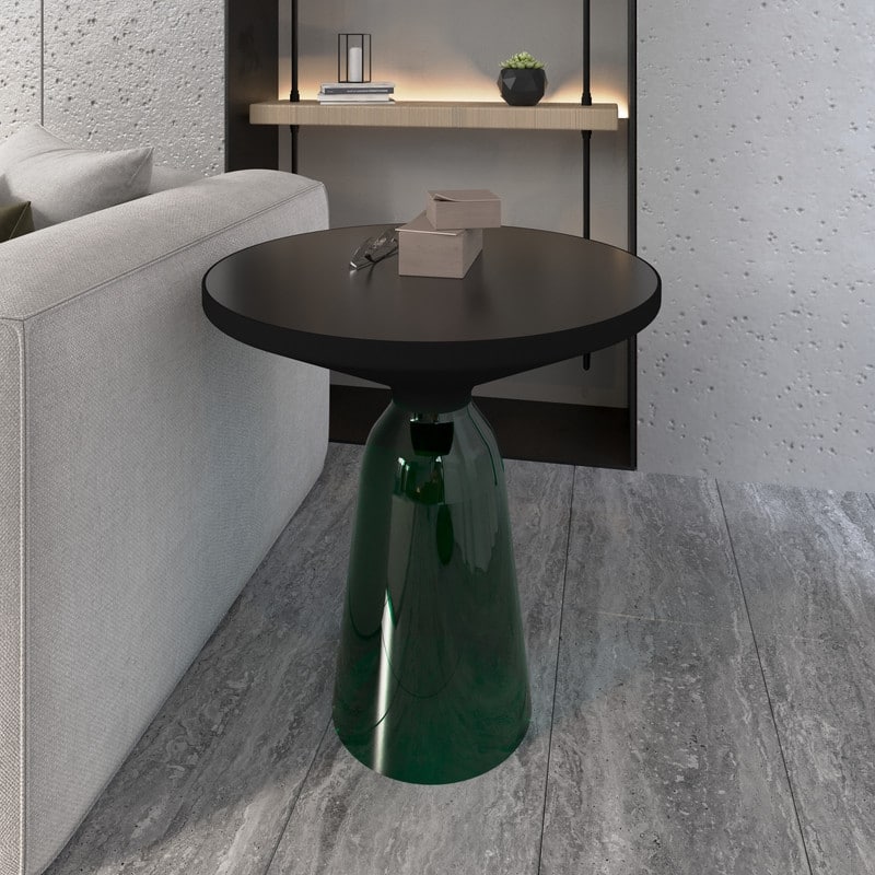 Tully Modern Round Black Glass/Stone Top Side Table with Black Iron Rim and Glass Base for Living Rooms, Bedrooms, or Offices