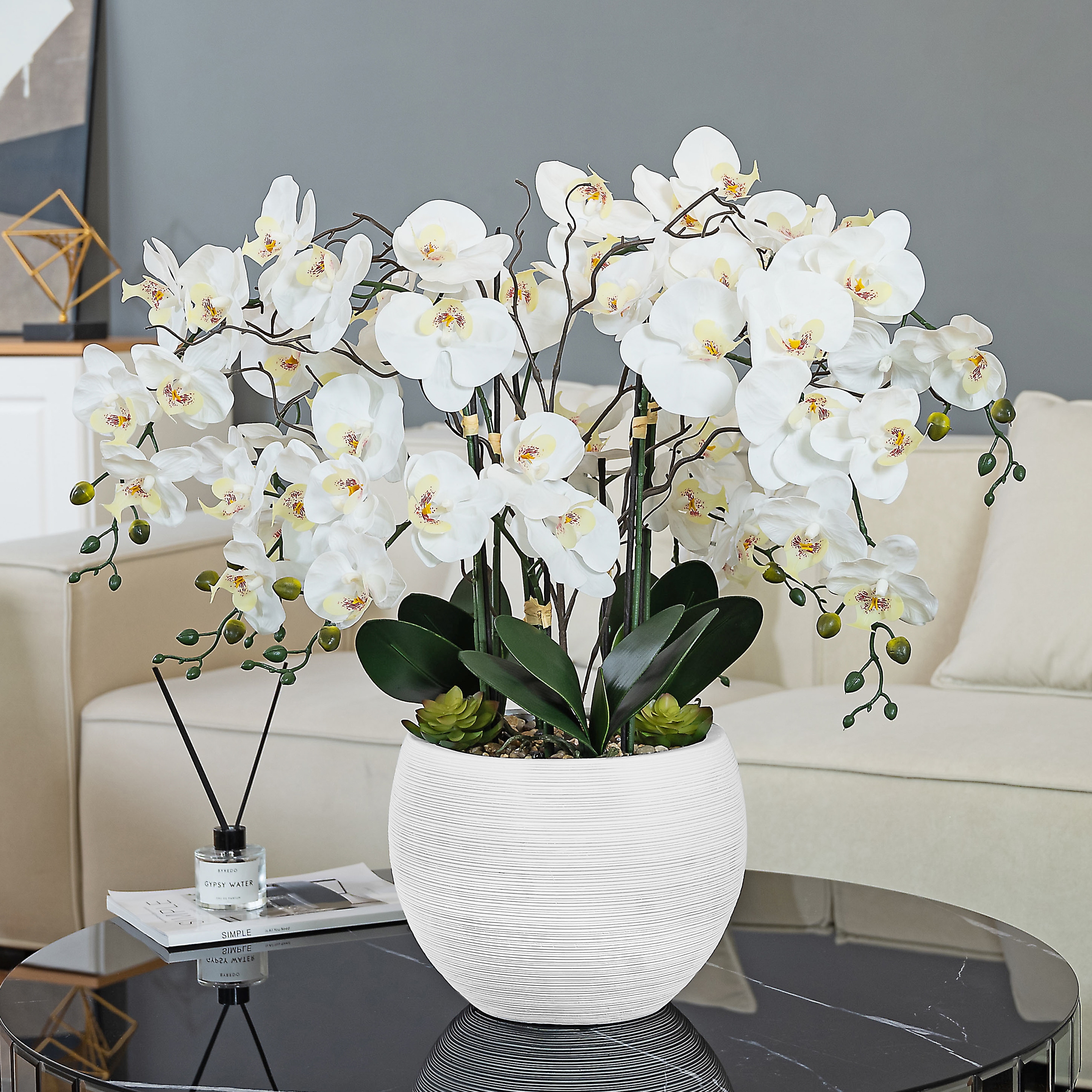 Vanity Art 23. 23 in. H Artificial Phalaenopsis Orchids with Succulents Floral Arrangement in Pot