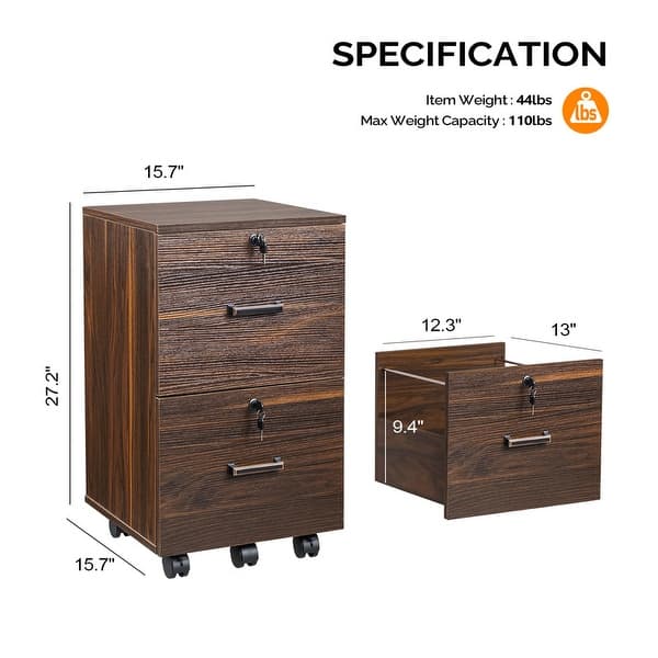 dimension image slide 2 of 5, 2-Drawer Rolling Wood File Cabinet with Lock